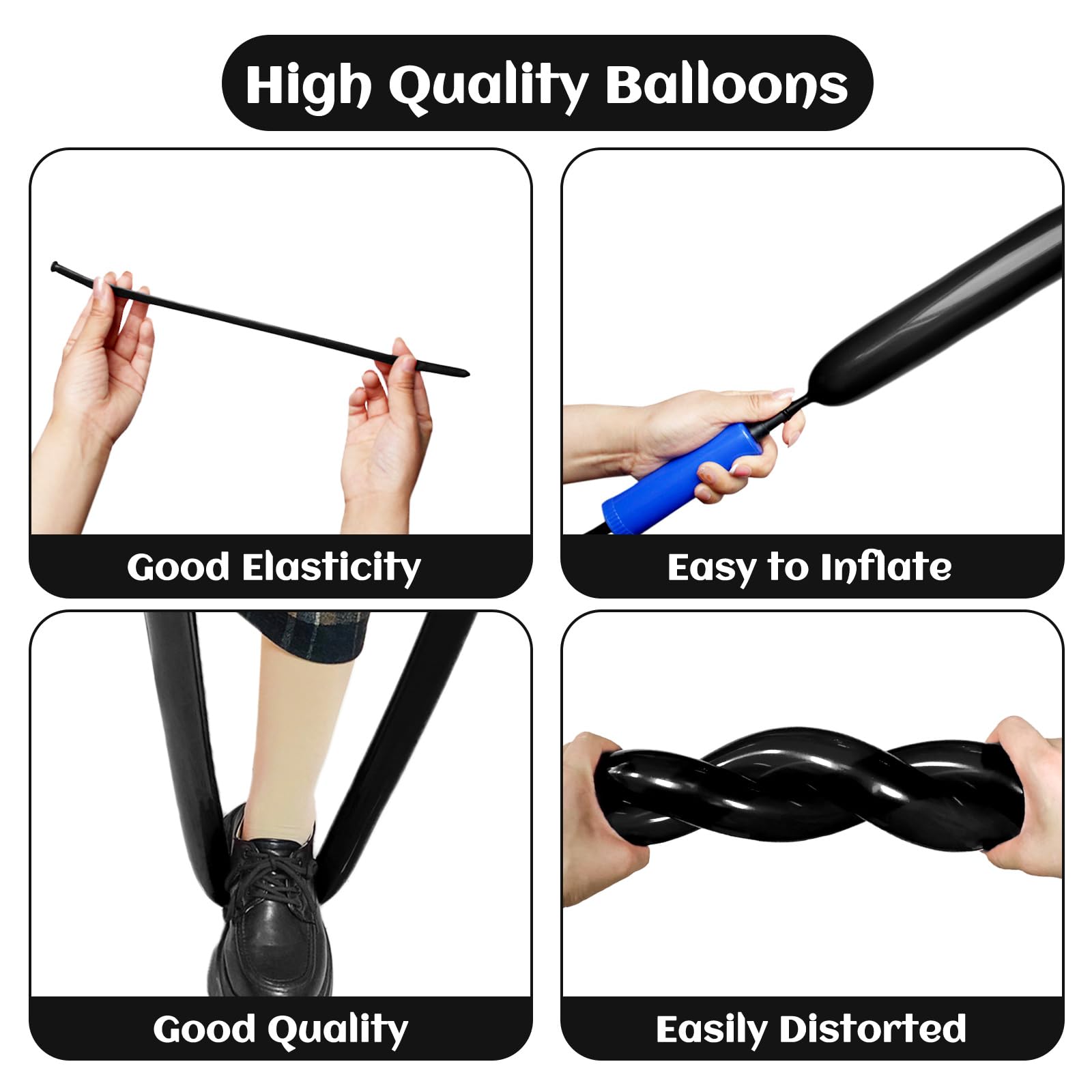 KAWKALSH 260 Black Long Balloons thick natural latex ensures resilience for professional twisting.