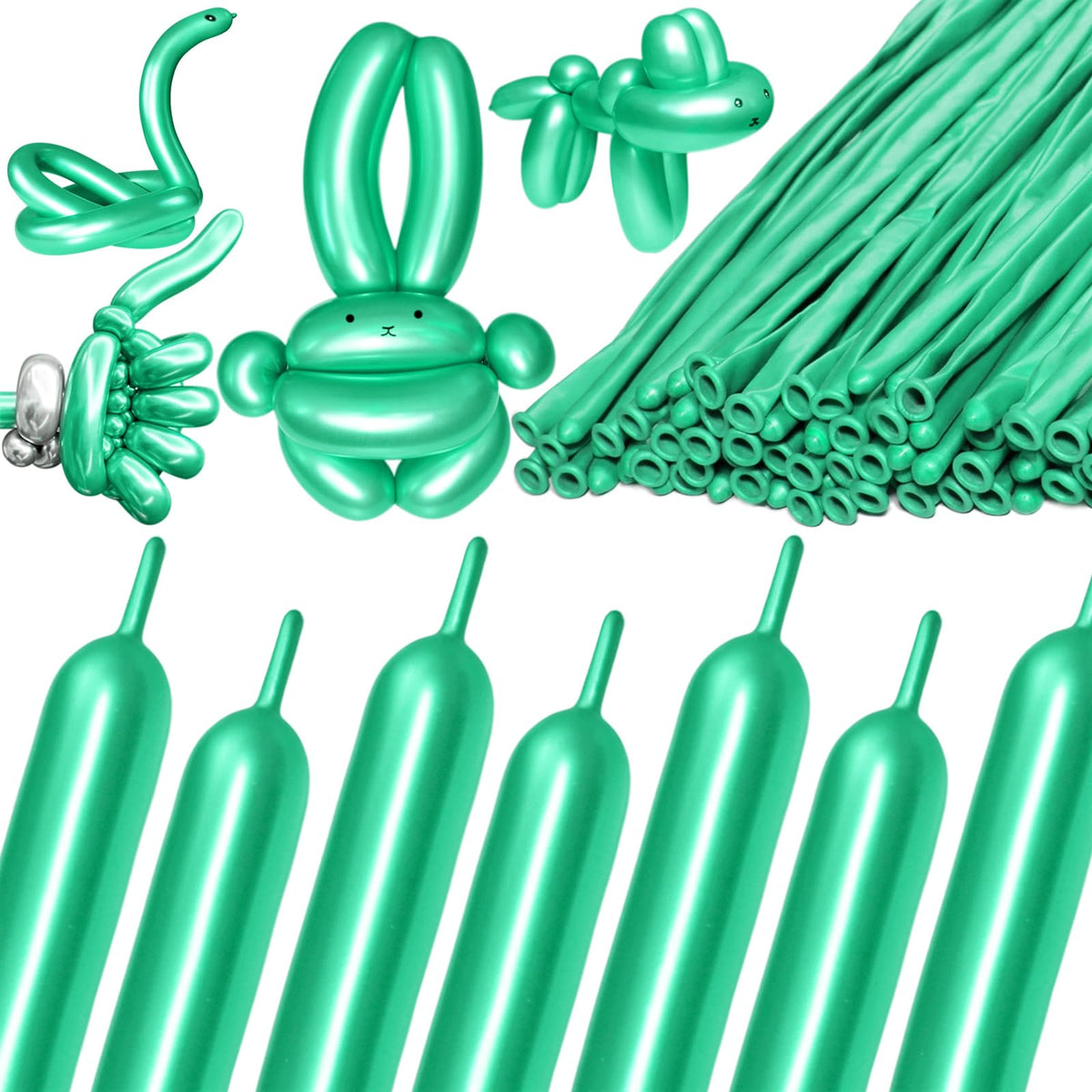 KAWKALSH 260 metallic green long balloons for bold garlands and eye-catching party decor.