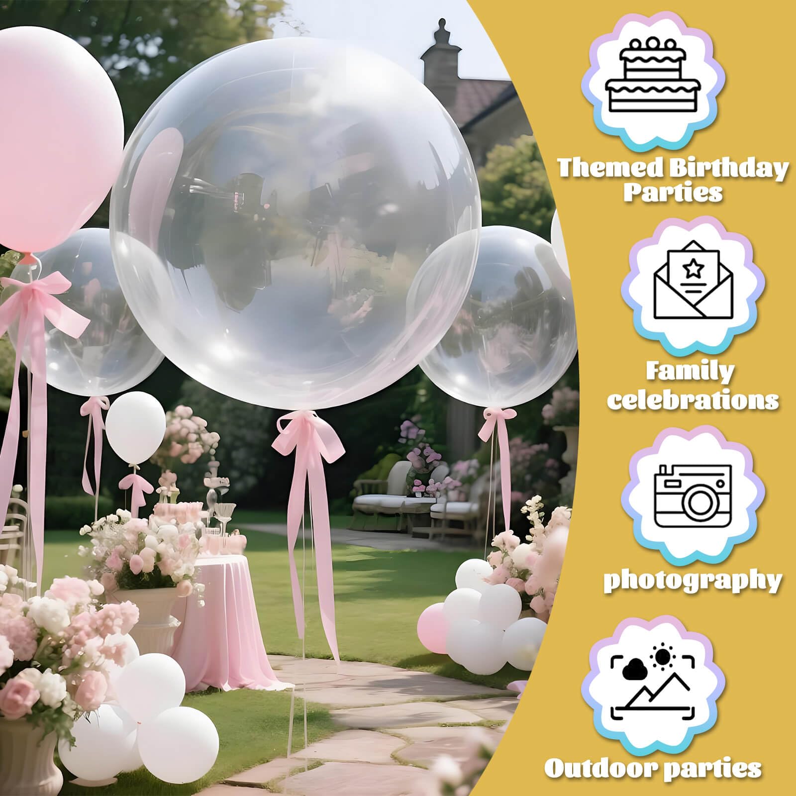 Kawkalsh clear balloons used in an elegant ceiling cluster setup