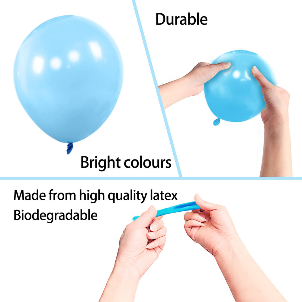 KAWKALSH light blue balloons forming an arch garland for celebrations.