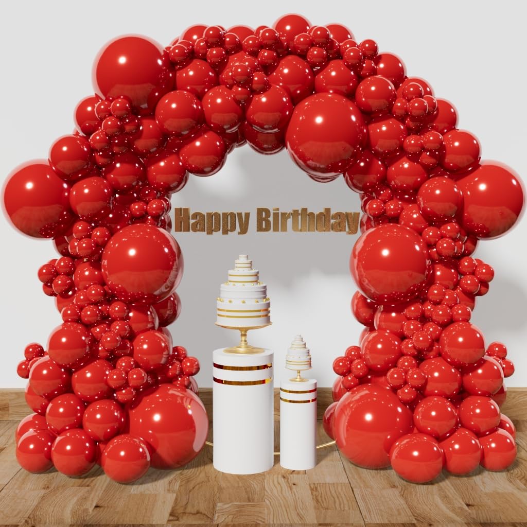 KAWKALSH red balloon arch kit assembled as a bold party backdrop