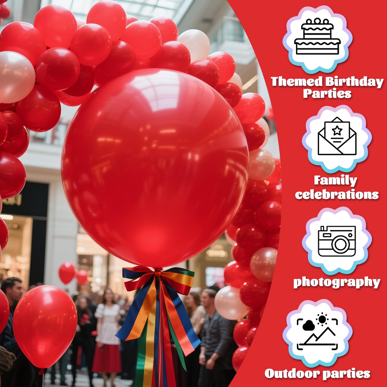 KAWKALSH red balloons used in garland setups for bold decor.