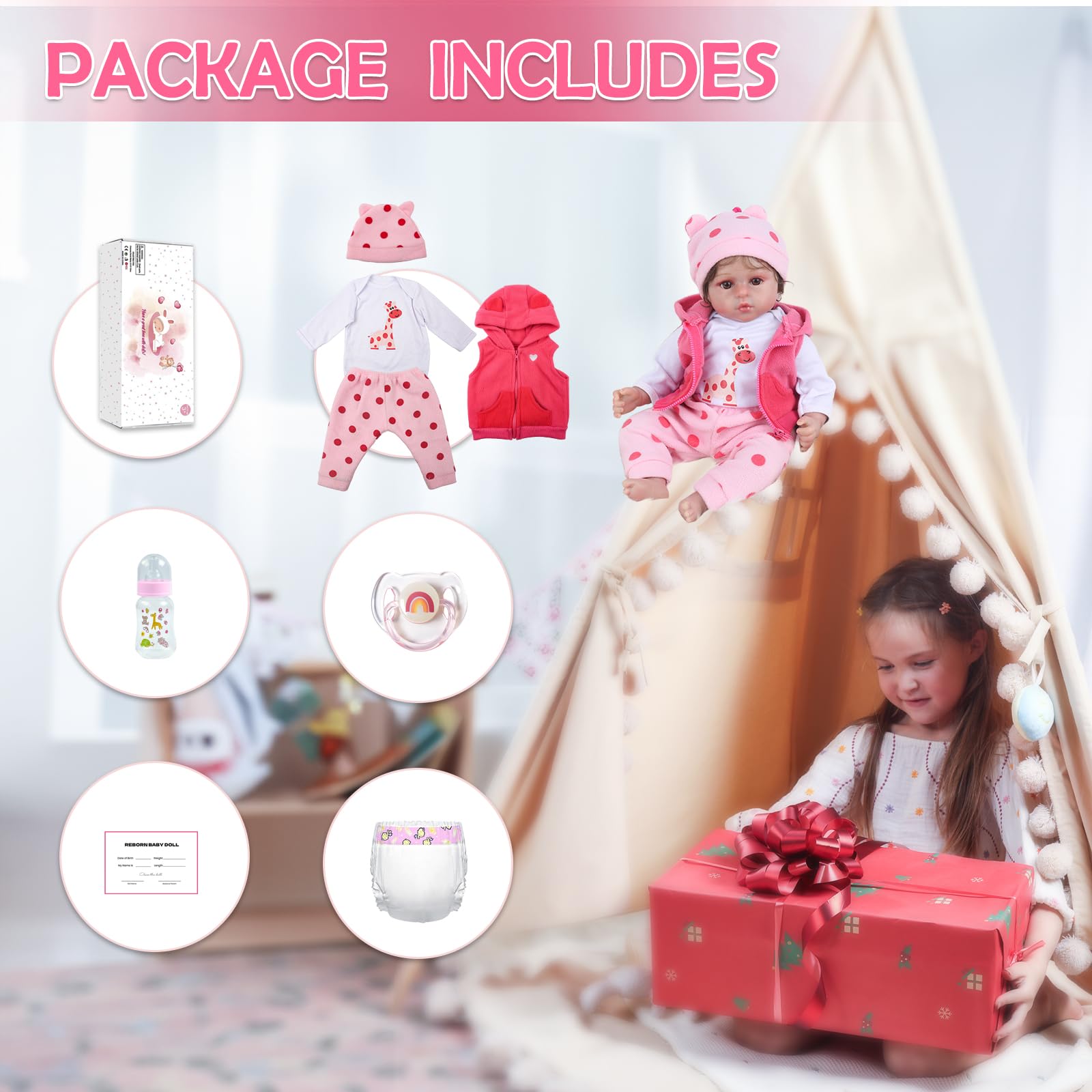 Kaydora Reborn doll with bottle and magnetic pacifier for feeding play
