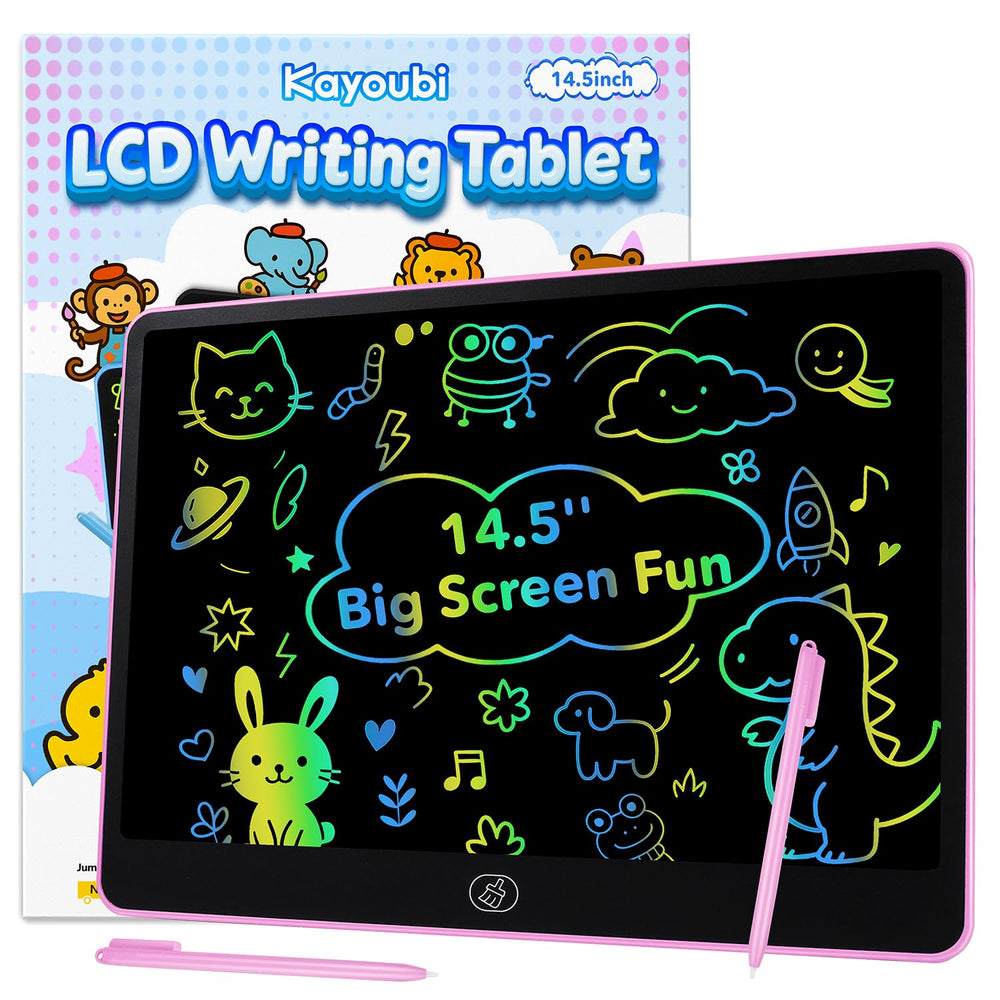 Kayoubi LCD writing tablet pink front view showing large 14.5-inch screen for kids.