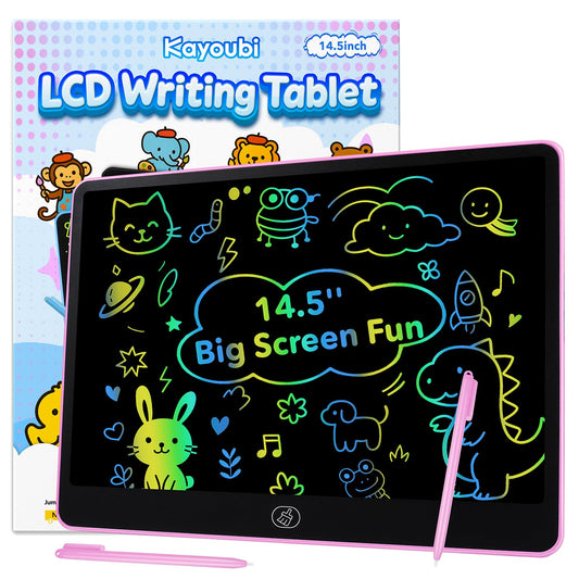 Kayoubi LCD writing tablet pink front view showing large 14.5-inch screen for kids.