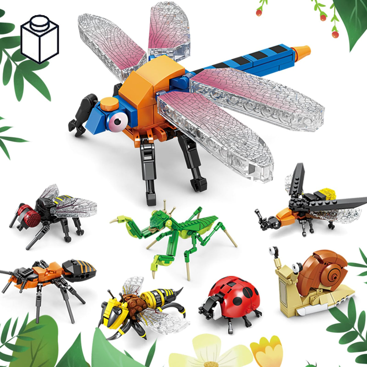 Group shot of KAZI Bugs Building Toy Set showing 8 insect builds for STEM play.
