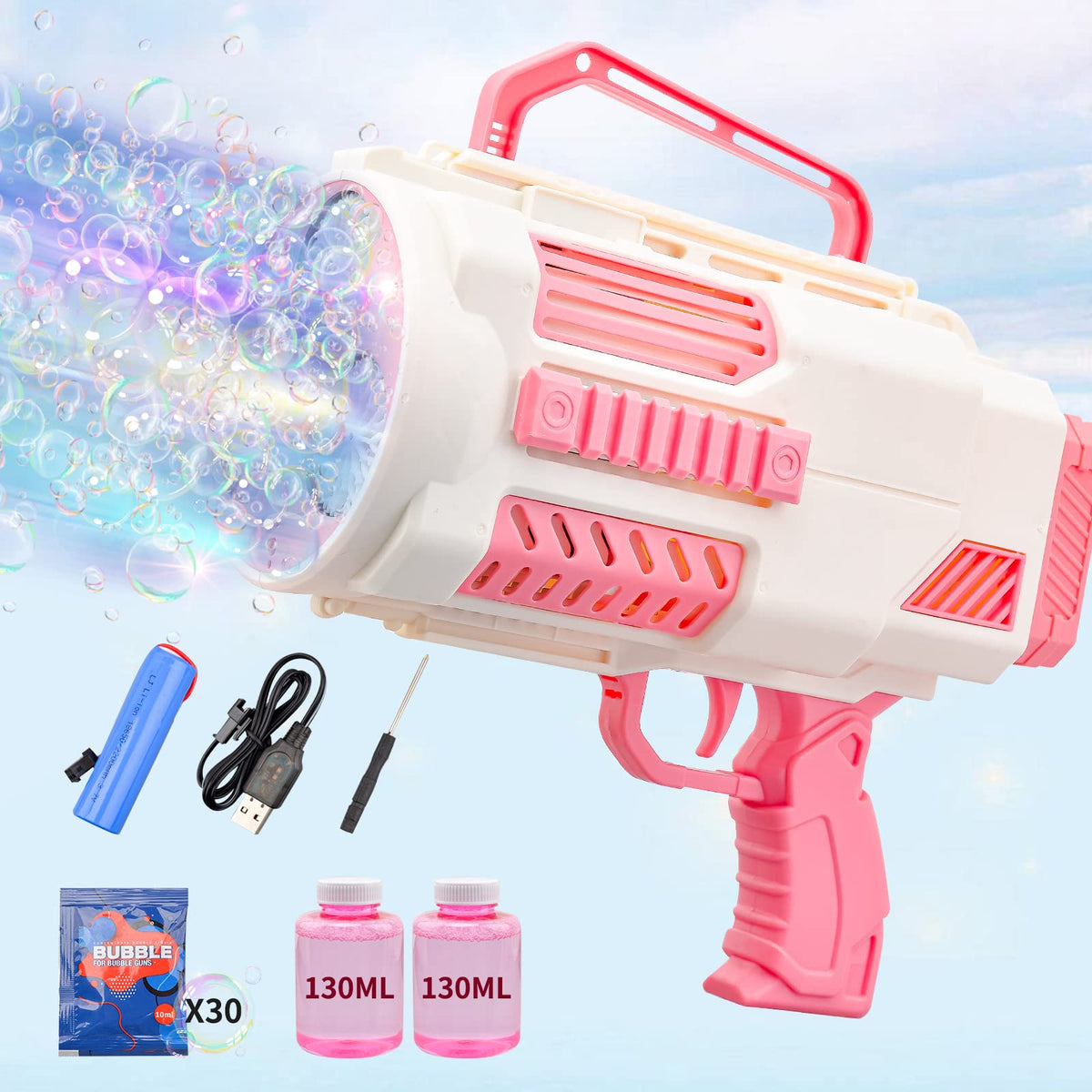 KB KAIBO Upgraded Bubble Gun Pink front view showing easy one click operation for kids