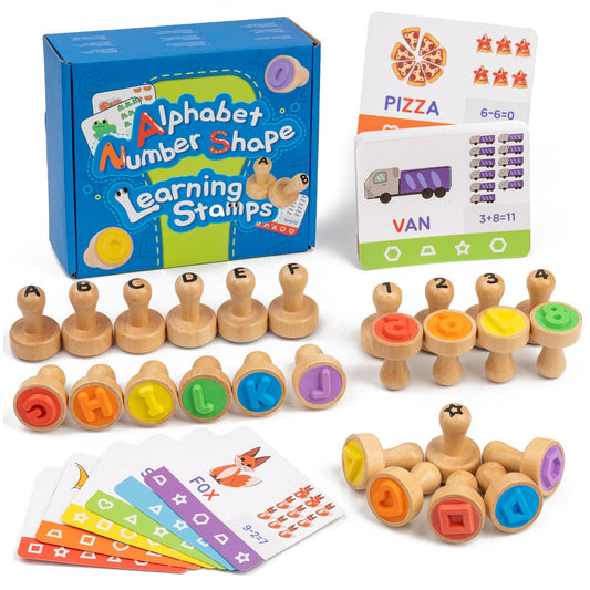 KDSFT wooden alphabet-number stamps set for creative spelling practice.