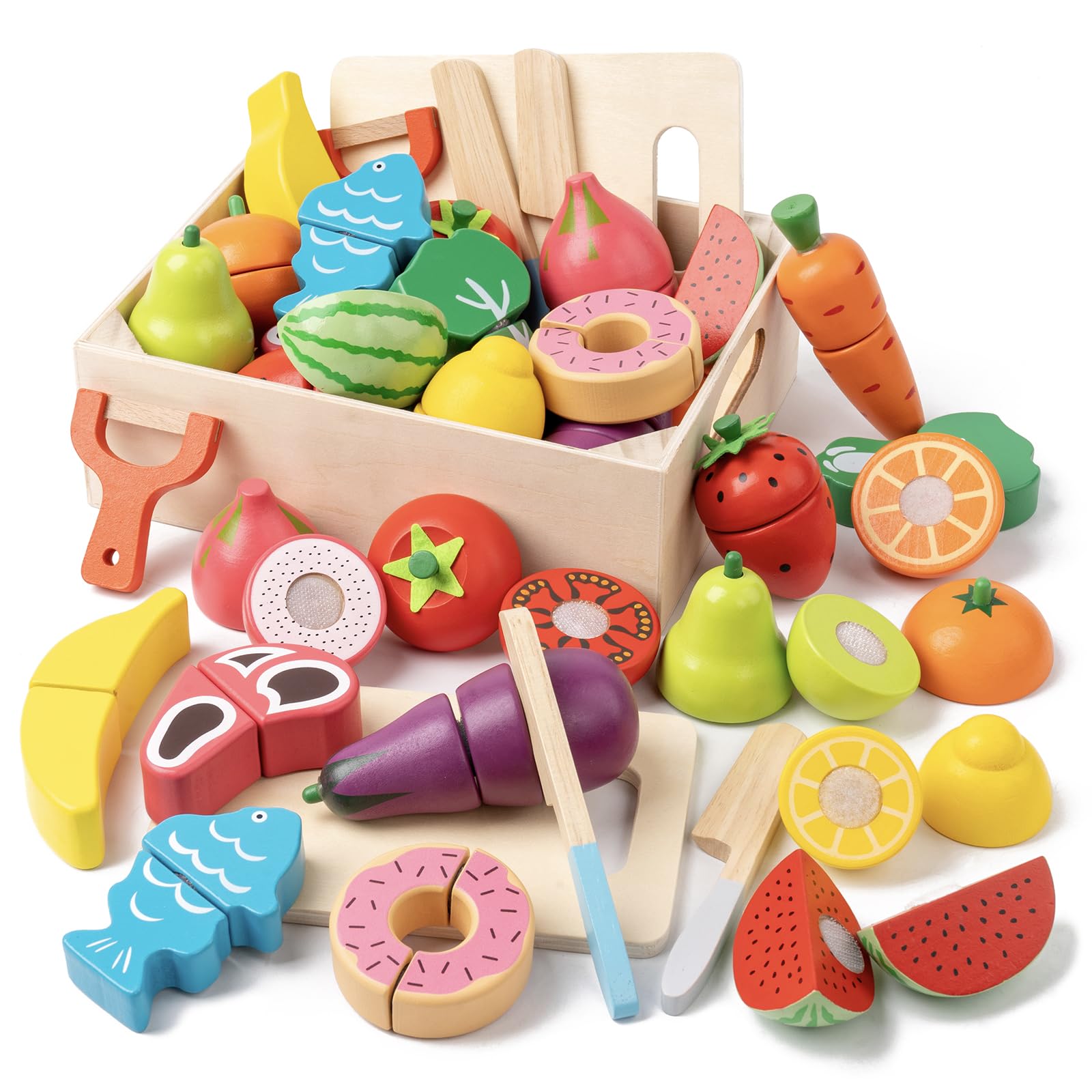 KDSFT wooden play food fruits and vegetables for imaginative play and motor skills development.