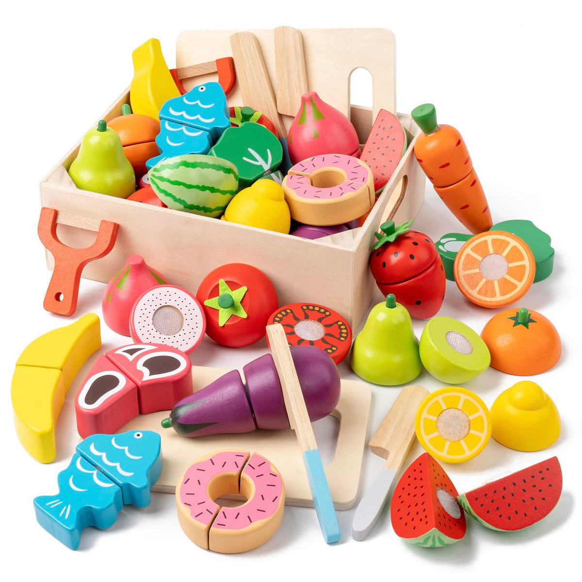 KDSFT wooden play food fruits and vegetables for imaginative play and motor skills development.