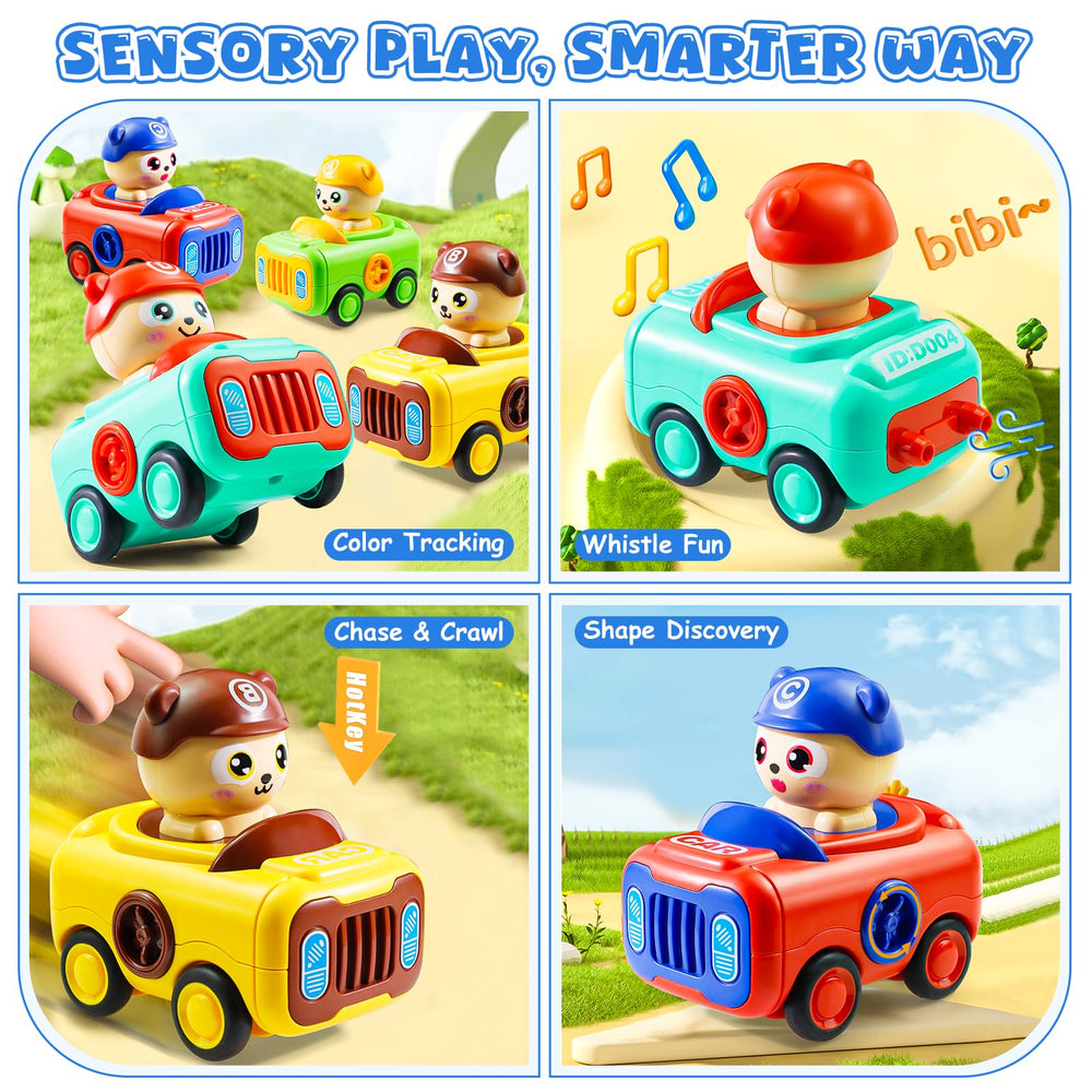 Keamaidy car toy with whistle, captures toddler attention during playtime.