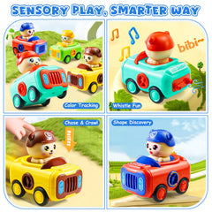 Keamaidy car toy with whistle, captures toddler attention during playtime.