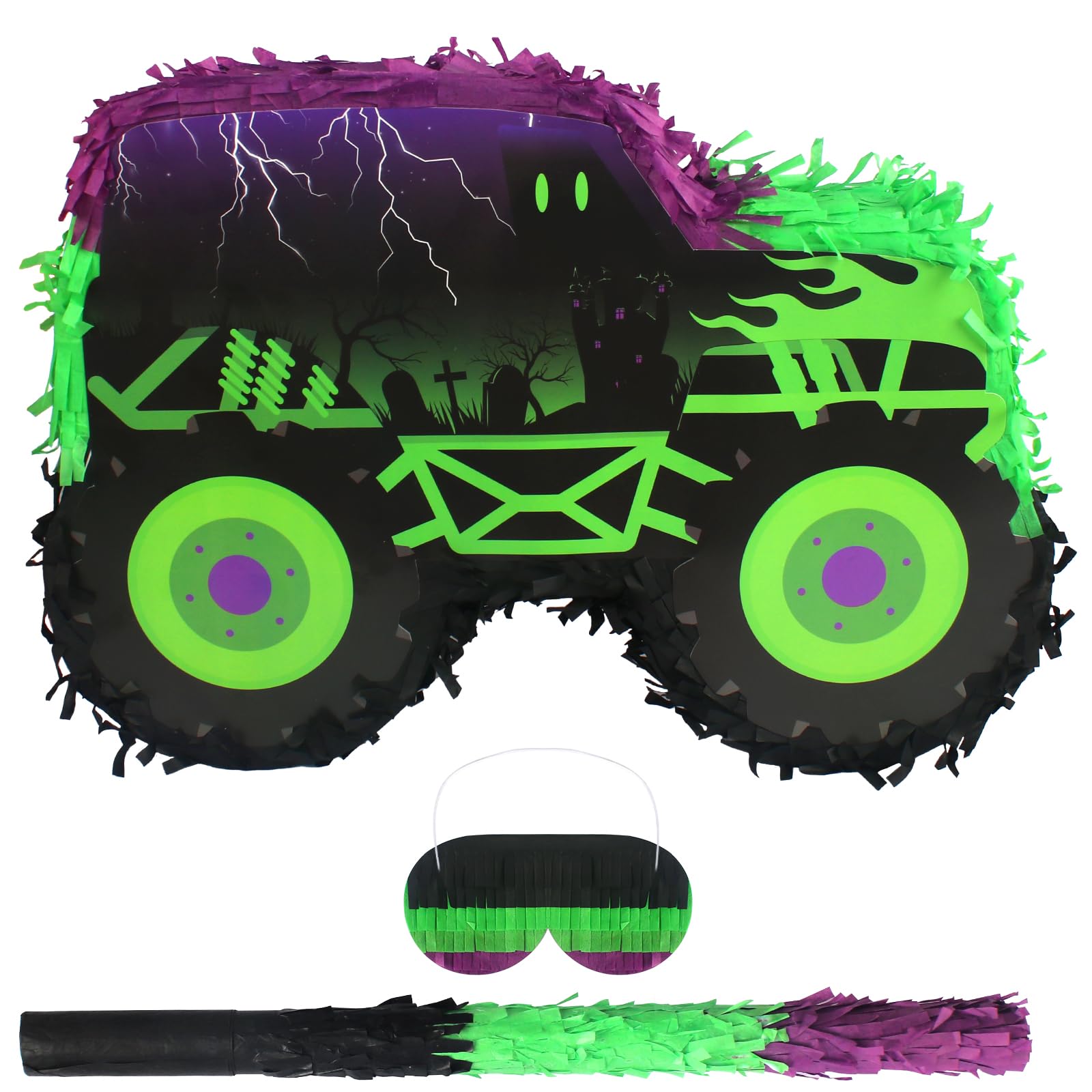 Kedaijin green-purple monster truck pinata front view for vibrant party decor and interactive fun.