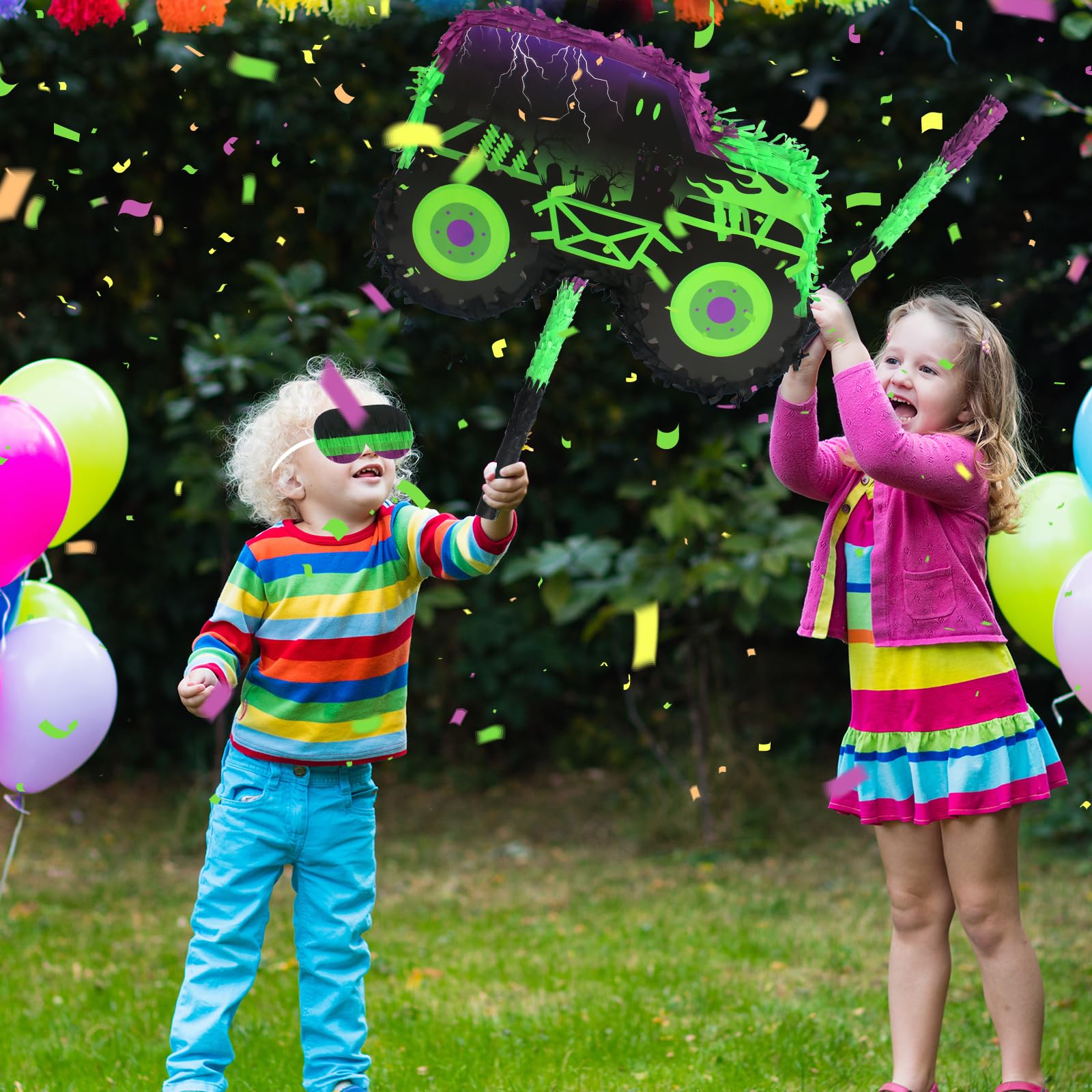 Kedaijin monster truck pinata hanging display enhances party ambiance and visibility.