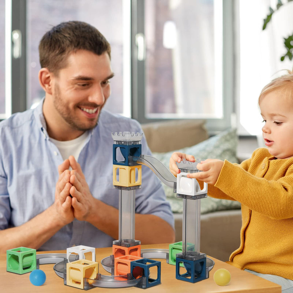 Keefun safety-certified ABS plastic blocks with a wooden marble ball for contrast.