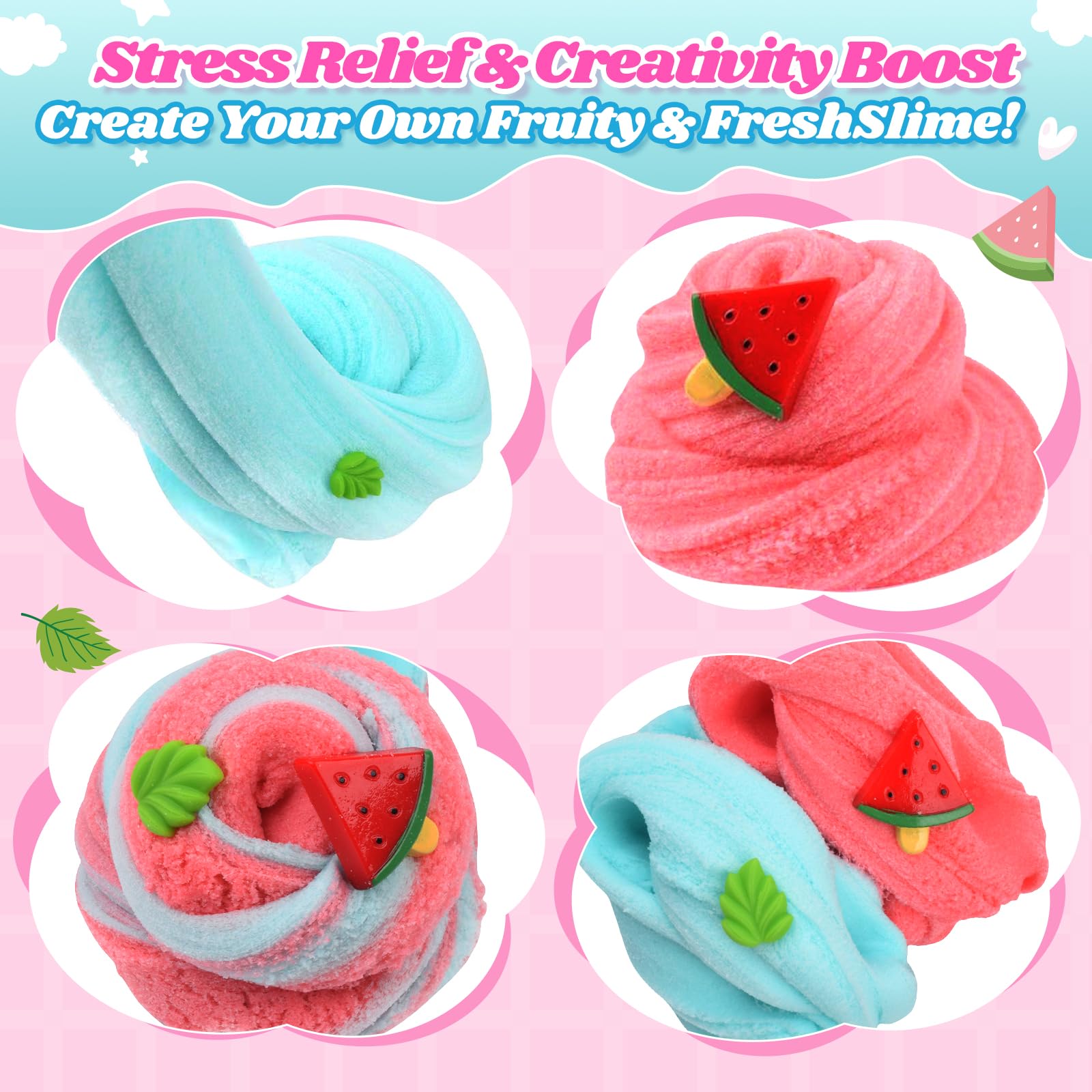 Keemanman Cloud Slime Kit watermelon charms enhance imaginative slime crafting.