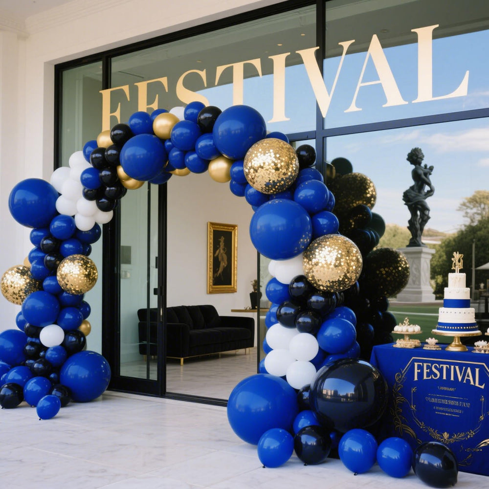 K.E.J Royal Blue Balloon Arch Kit uses glue dots to secure garland.