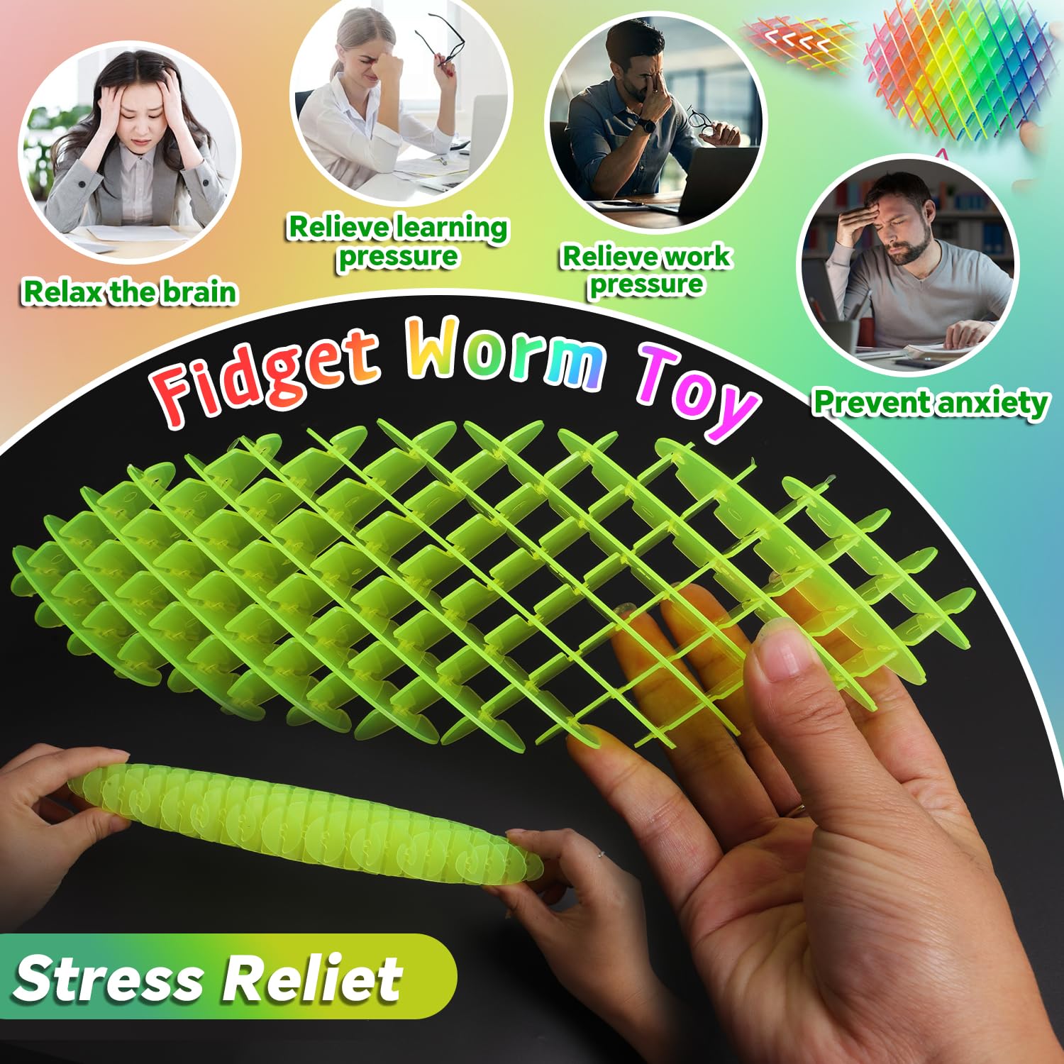 KEJIH Fidget Worm Toy yellow and purple visuals invite playful de-stressing routines
