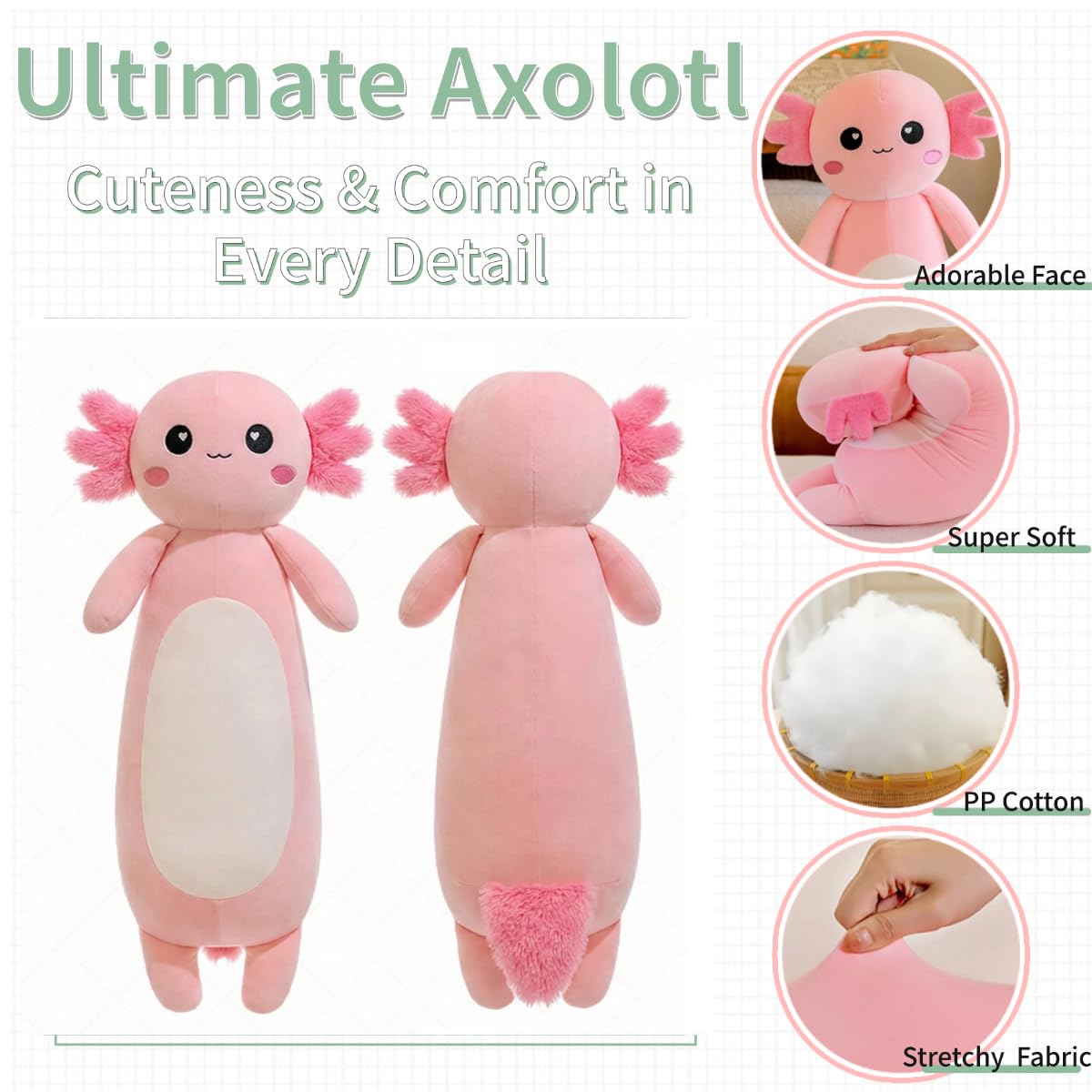 Kekeso axolotl plush embroidery highlights cute lifelike features