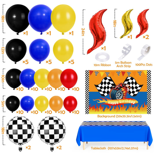 Blue racetrack tablecloth helps protect surfaces and adds a bold racing motif to the table.