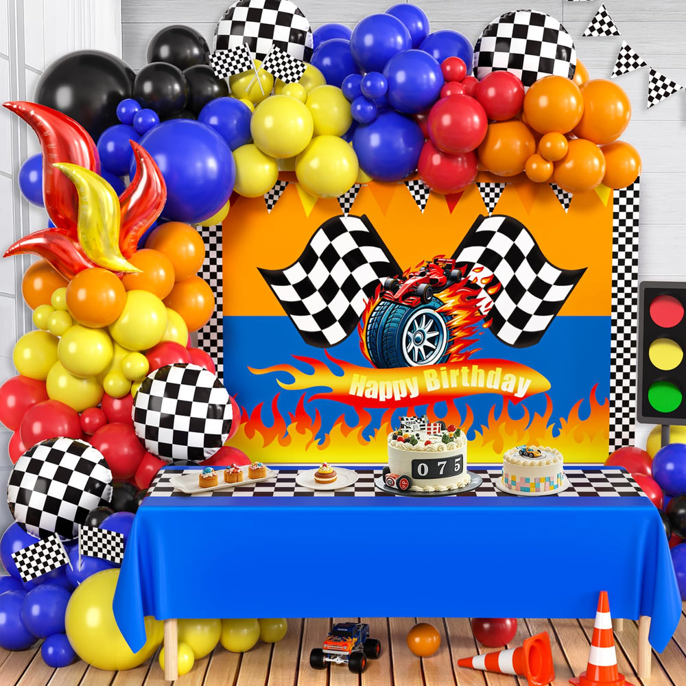 KELENO 131 wheels race backdrop enhances immersive racing atmosphere for kids' party photos.