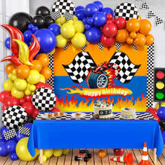 KELENO 131 wheels race backdrop enhances immersive racing atmosphere for kids' party photos.
