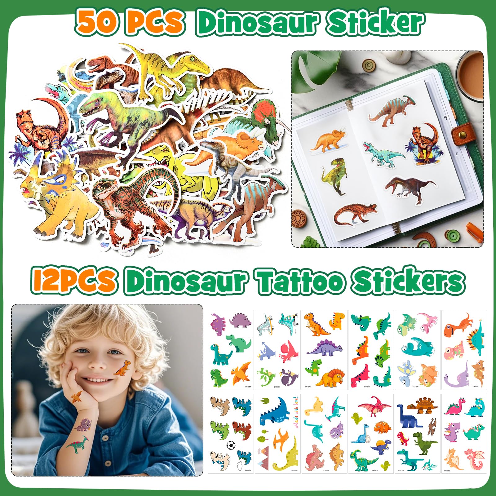 KELENO dinosaur stickers and temporary tattoos for decorating and gifting.