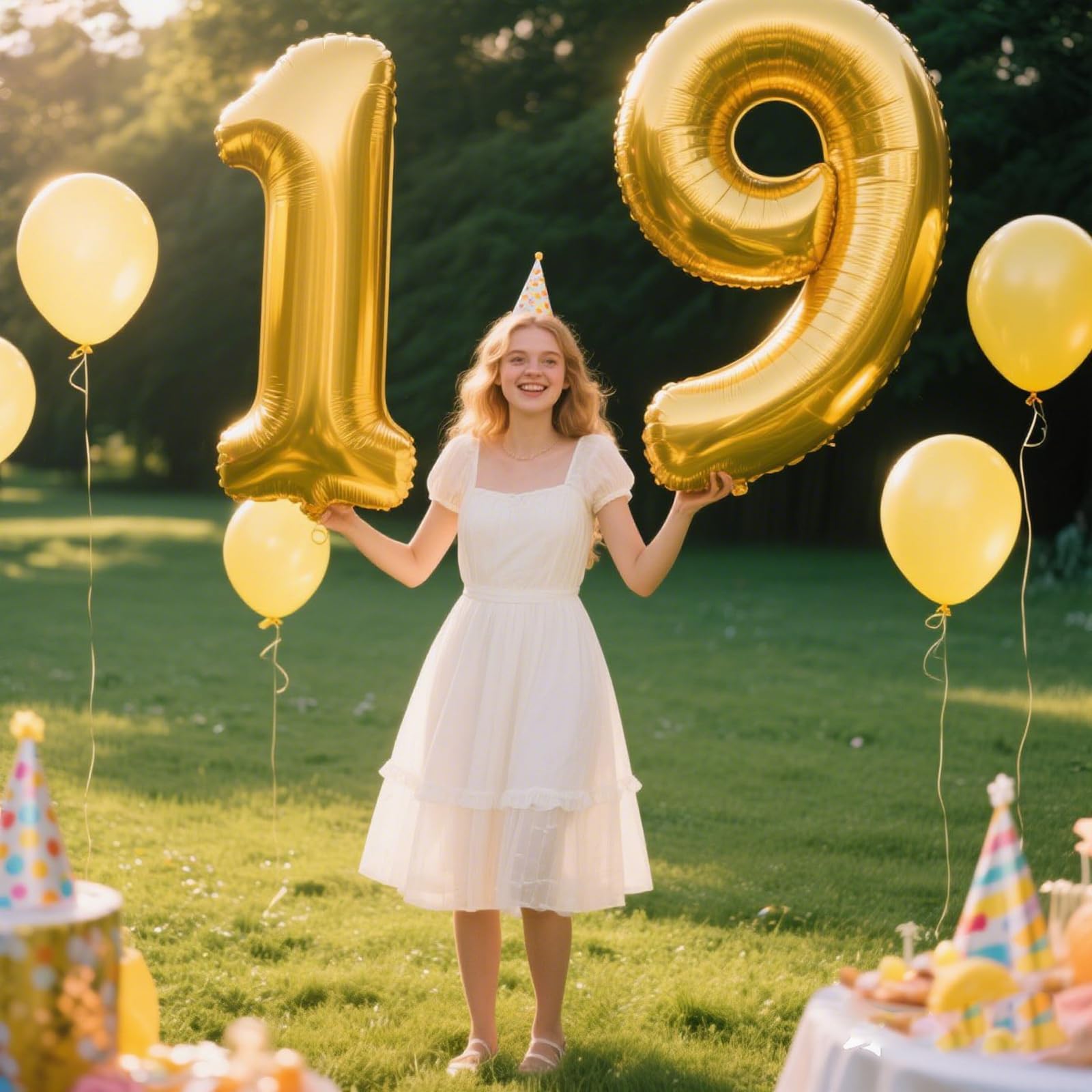 Kelfuoya 19th birthday balloon in gold adds elegant centerpiece decor.