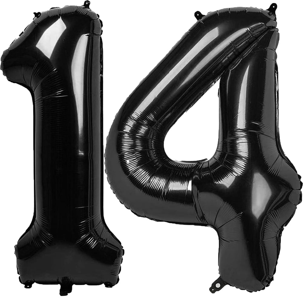 Kelfuoya 40-inch black number 14 balloon creates a dramatic birthday backdrop.