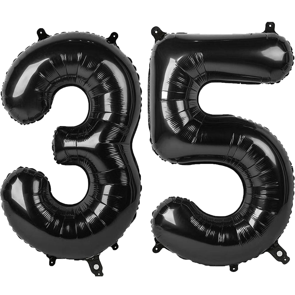 Kelfuoya 40-inch black number 35 balloon creates a dramatic party backdrop.