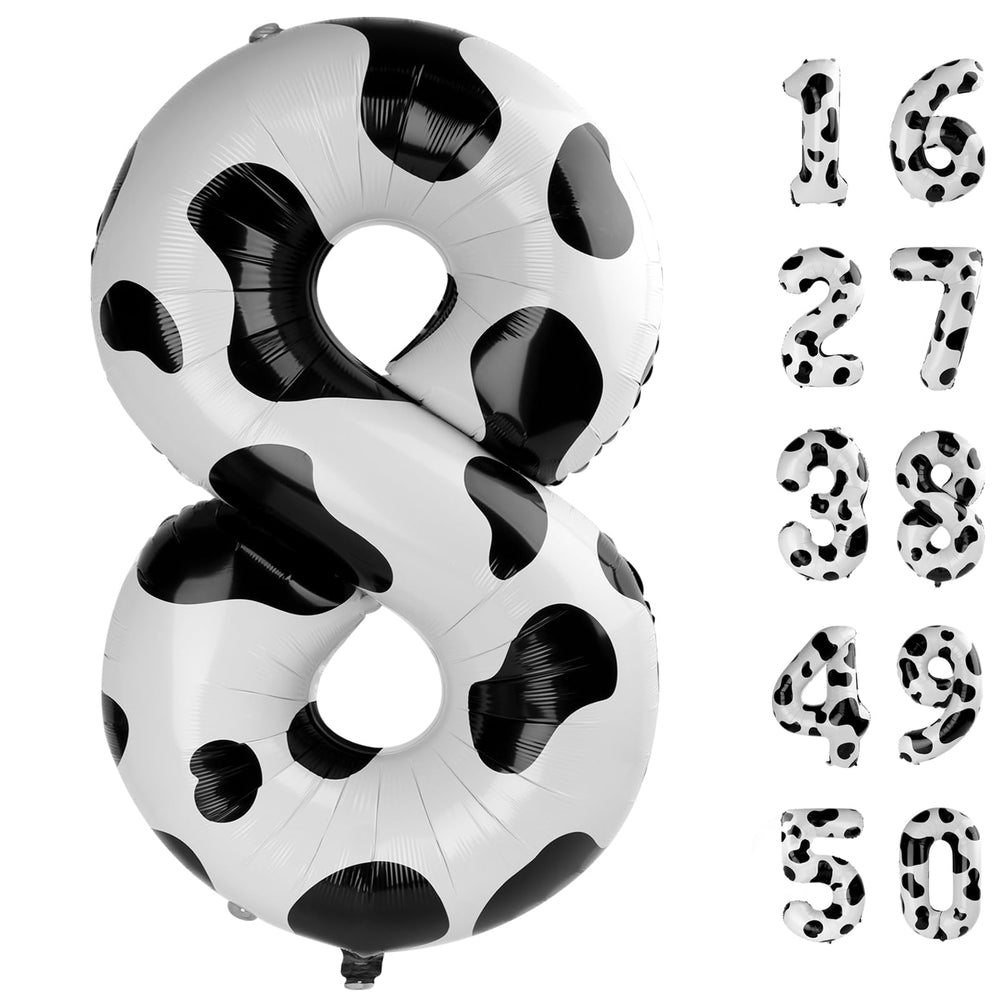 Kelfuoya 40-inch cow print foil number 8 balloon for bold birthday celebrations.