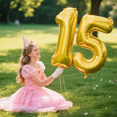 Kelfuoya gold 5-number balloon wall display enhances photos and ambiance.