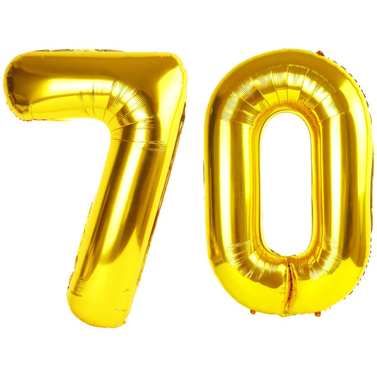 Kelfuoya 40-inch gold number 70 balloon on wall for a party backdrop.