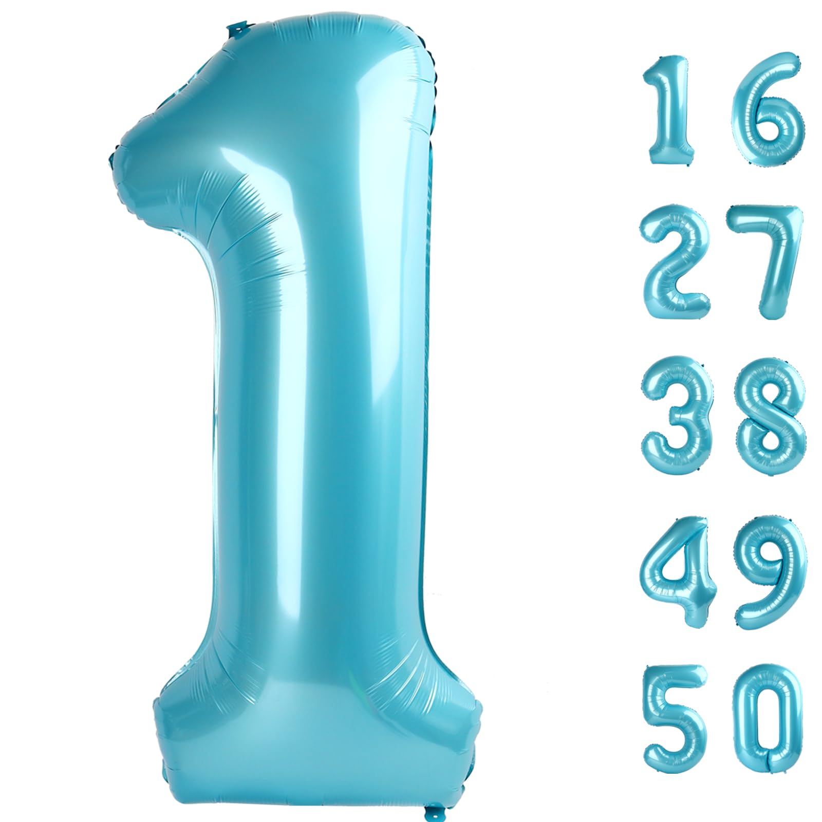 Kelfuoya 40-inch light blue number 1 foil balloon, front view for milestone decor