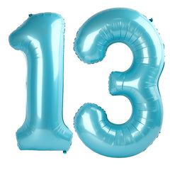 Kelfuoya 40inch light-blue number 13 balloon on display for birthdays and anniversaries.
