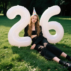 Kelfuoya 40-inch number 6 white foil balloon backdrop for striking party visuals.