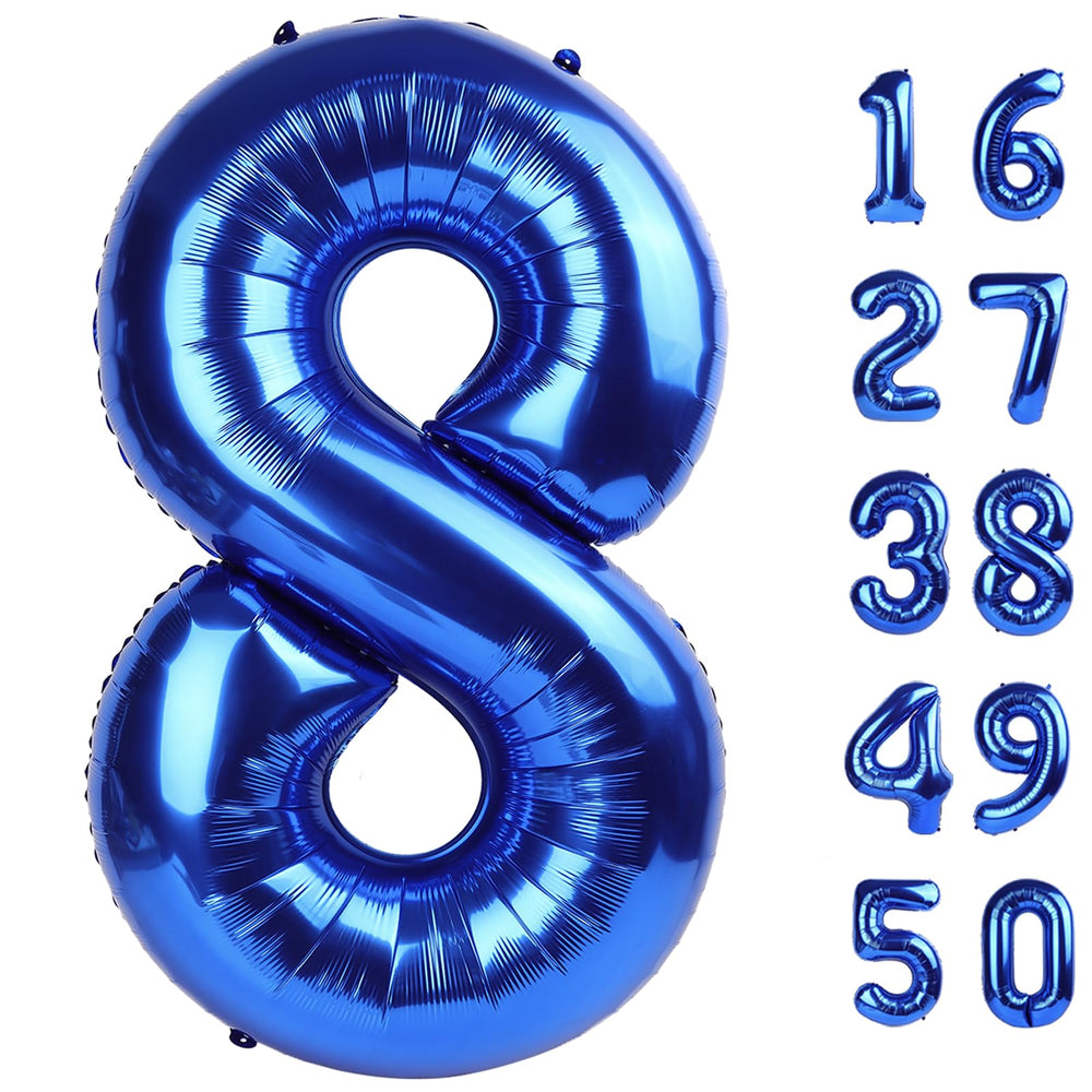 Kelfuoya 40-inch number 8 navy blue balloon displayed as a bold party backdrop