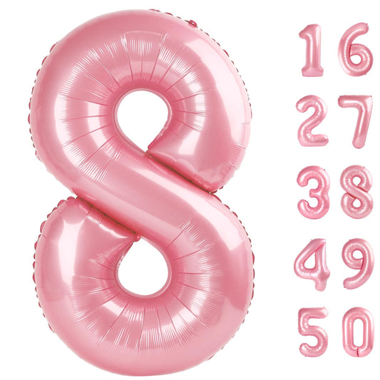 Kelfuoya 40-inch pearlescent pink number 8 balloon creates a bold birthday backdrop