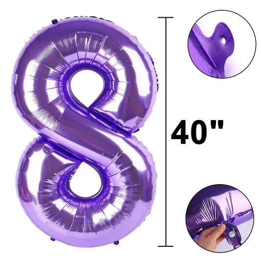 Kelfuoya 40-inch purple number 8 balloon, side view for elevated event decor.