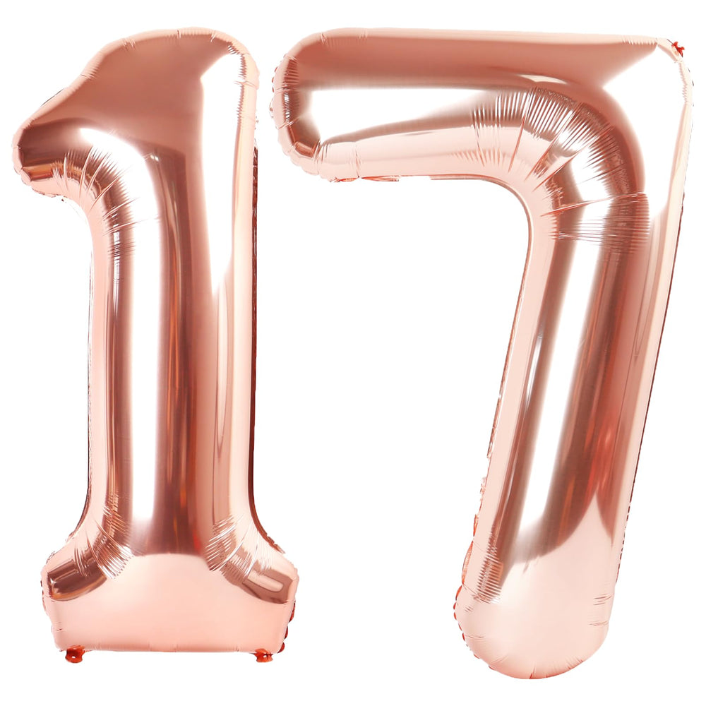 Kelfuoya 40inch rose gold number 17 balloon front view for a bold birthday backdrop.