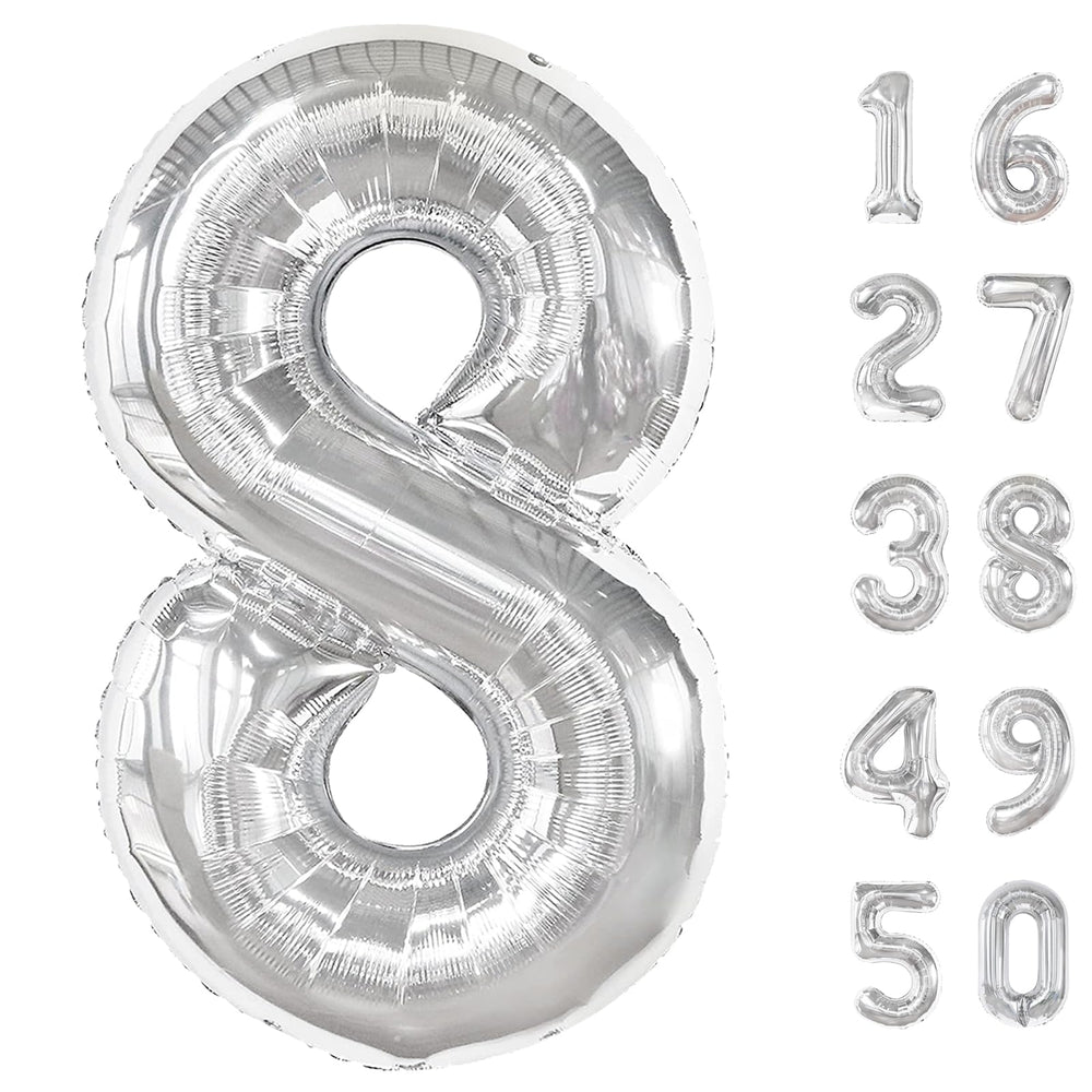 Kelfuoya 40-inch silver 8-number balloon creates a dramatic birthday backdrop.