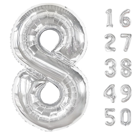 Kelfuoya 40-inch silver 8-number balloon creates a dramatic birthday backdrop.