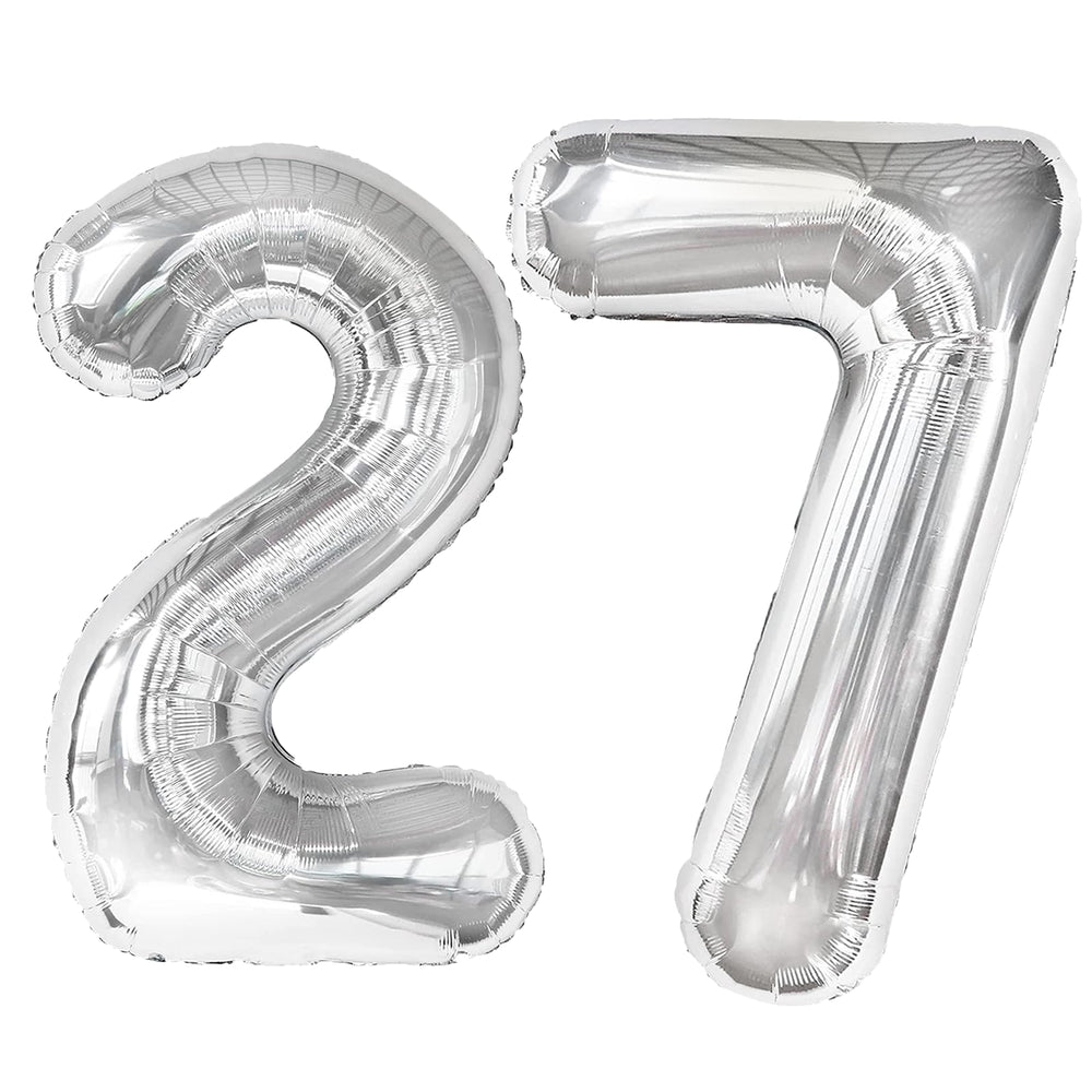 Kelfuoya 40-inch silver number 27 balloon for striking wall backdrop.