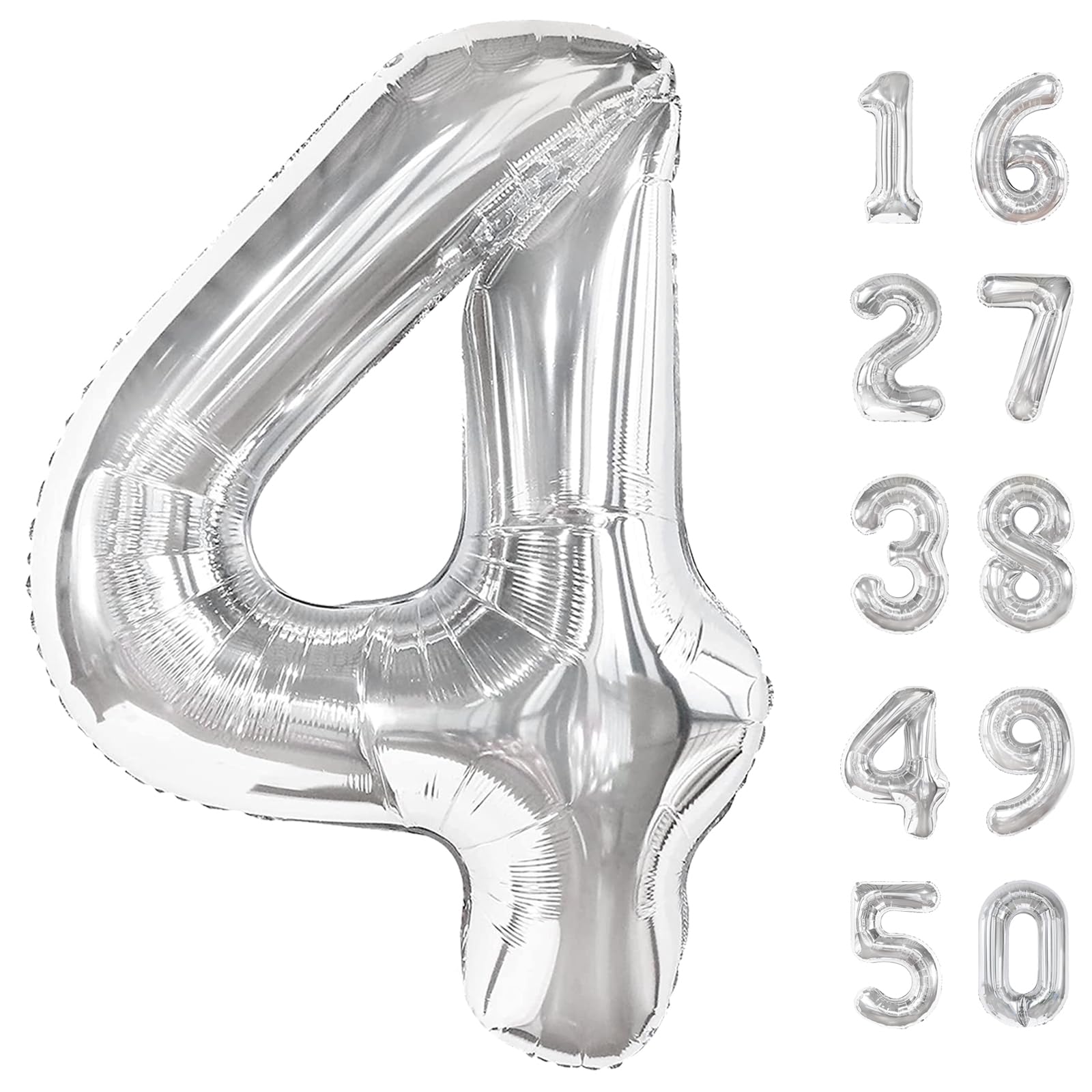 Kelfuoya 40-inch silver number 4 balloon creates a bold photo backdrop for birthdays.