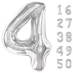 Kelfuoya 40-inch silver number 4 balloon creates a bold photo backdrop for birthdays.