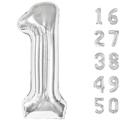 Kelfuoya 40-inch silver number balloon on wall creating a striking birthday backdrop.