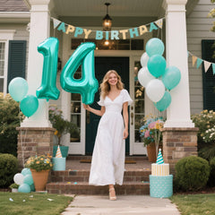 Kelfuoya 40inch teal number balloon provides indoor/outdoor backdrop.