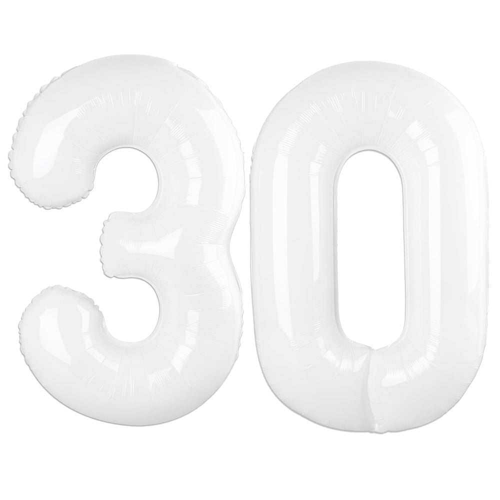 Kelfuoya 40-inch white number 30 balloon on display adds elegant birthday decor