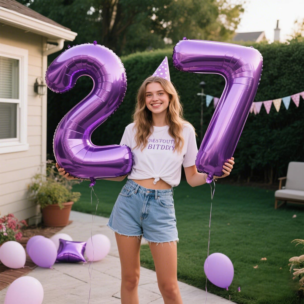 Kelfuoya purple-number-2 backdrop balloon brightens photos and celebrations.
