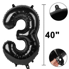 Kelfuoya black foil number 3 balloon close-up highlights crisp metallic shine.